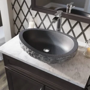 Dark gray granite oval vessel sink, Egyptian granite bathroom sink with a modern design.