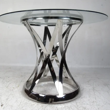 Sleek chrome and glass dining table with a unique, interwoven base.