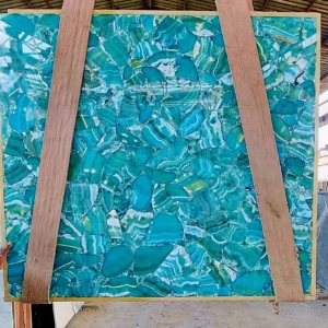 0001 Turquoise Gemstone Slab: Stunning turquoise mosaic slab of natural stone, perfect for countertops or home decor. Features beautiful color variations.