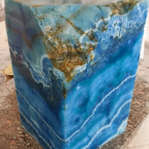 0002: Stunning blue onyx cube table, unique home decor piece. Gemstone accents add to its beauty.