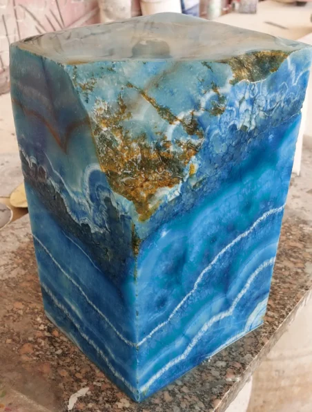 0002: Stunning blue onyx cube table, unique home decor piece. Gemstone accents add to its beauty.