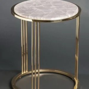 Gold metal side table with a pale pink quartz top.