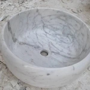 0010: Elegant round marble vessel sink with grey veining, perfect for modern bathrooms.