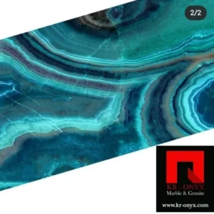 0009 Teal Onyx Slab: Stunning teal and blue marble and granite stone slab, ideal for countertops or backsplashes.