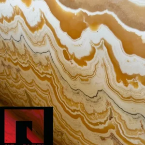 00010 Honey Onyx Slab: Stunning natural stone slab featuring beautiful amber and white swirls, ideal for countertops or backsplashes.