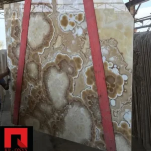 00011: Swirling brown and beige onyx slab, natural stone for countertops or flooring. Marble and granite alternative.