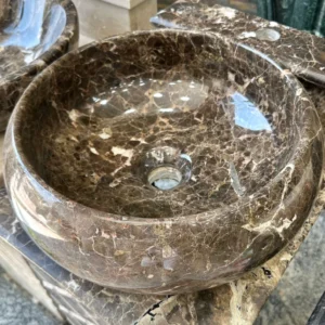 0012: Elegant brown marble vessel sink for bathroom vanity. Features unique stone veining.
