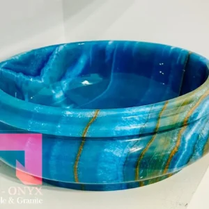 0018 Blue Onyx Double-Layered Sink: Luxurious bathroom sink crafted from polished blue onyx with striking gold veining.