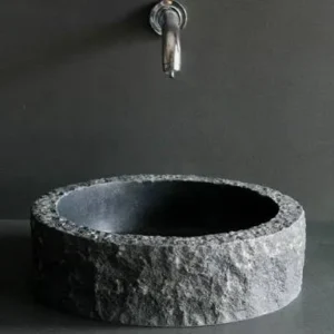 022 Round Granite Vessel Sink: Dark gray granite bathroom sink with a textured exterior and smooth interior bowl.