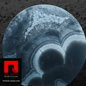 00014: Stunning circular blue onyx slab, featuring a captivating swirling pattern and naturally cracked texture. Perfect for tabletops or decorative accents.
