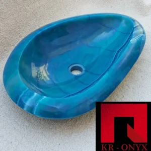 028 Teal Onyx Vessel Sink: Unique oval-shaped bathroom sink crafted from stunning teal blue onyx stone.