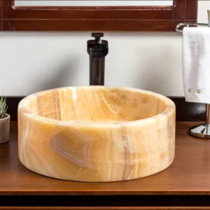 029 Round Onyx Vessel Sink: A beautiful light beige onyx stone bathroom sink, perfect for modern or traditional bathrooms.