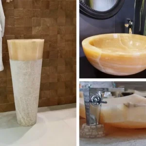 030 Onyx Sinks: Collection of luxury bathroom sinks in honey-yellow onyx, including pedestal, round vessel, and oblong vessel styles.
