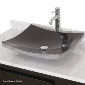 Black Granite Vessel Sink (GS001): Modern bathroom sink with gray speckled edge, stylish chrome faucet