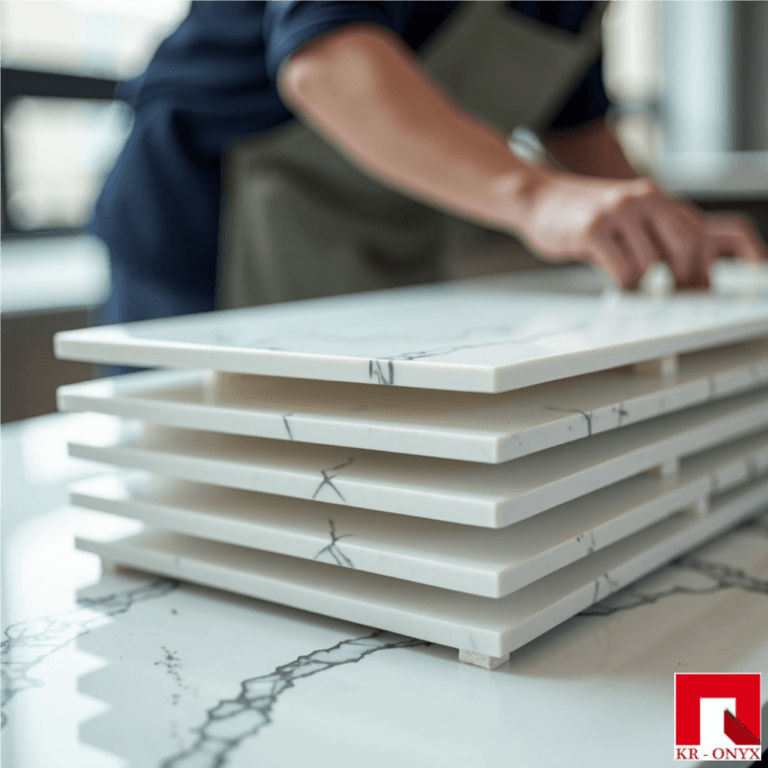 Stack of Egyptian marble and granite slabs. High-quality onyx manufacturer.