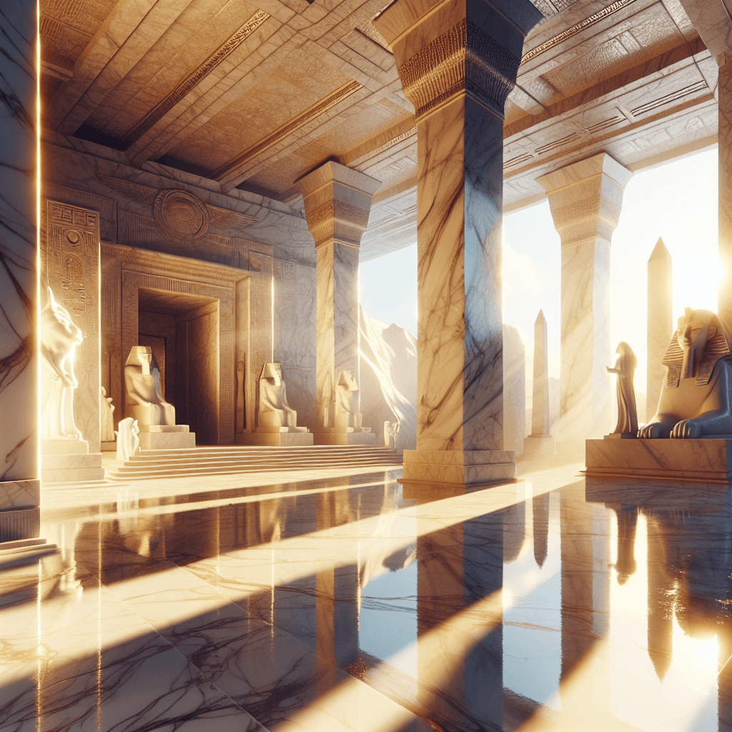 Egyptian Marble Palace Interior: Luxurious interior design featuring grand marble columns, pharaoh & sphinx statues, and sunlit polished floors.