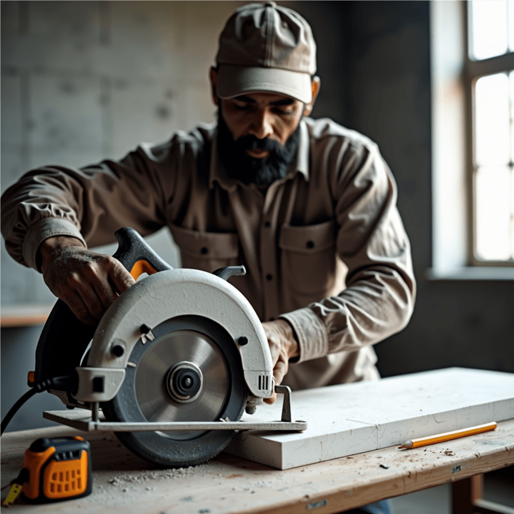 Craftsman using circular saw to cut Egyptian marble slab.