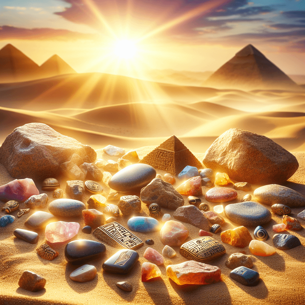 Sunset over Egyptian pyramids; scattered gemstones, gold artifacts, and miniature pyramids on sand.