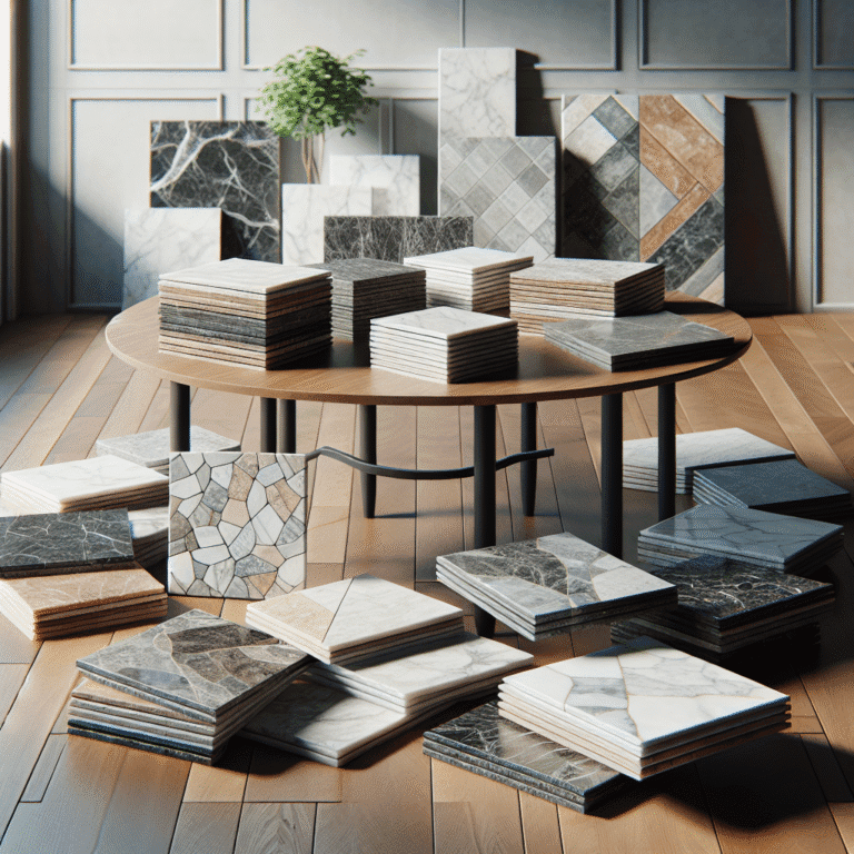 Variety of marble and stone tiles displayed on a table and floor. Luxury flooring options.