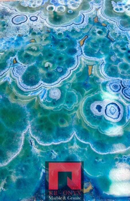 0040 Blue Onyx Slab: Stunning blue and green marble and granite stone slab, ideal for countertops or backsplashes.
